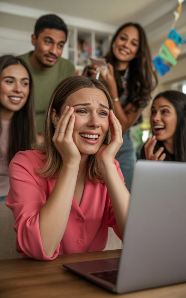 Woman at birthday party watching an emotional video montage on a laptop or screen