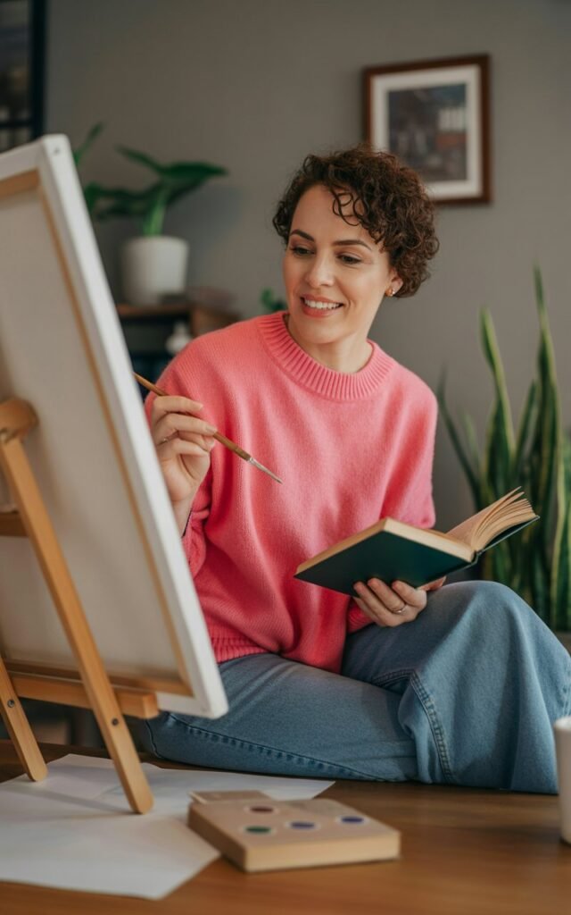 Woman enjoying her hobby independently, reading book at cozy coffee shop or painting at home, content and absorbed in her own activity