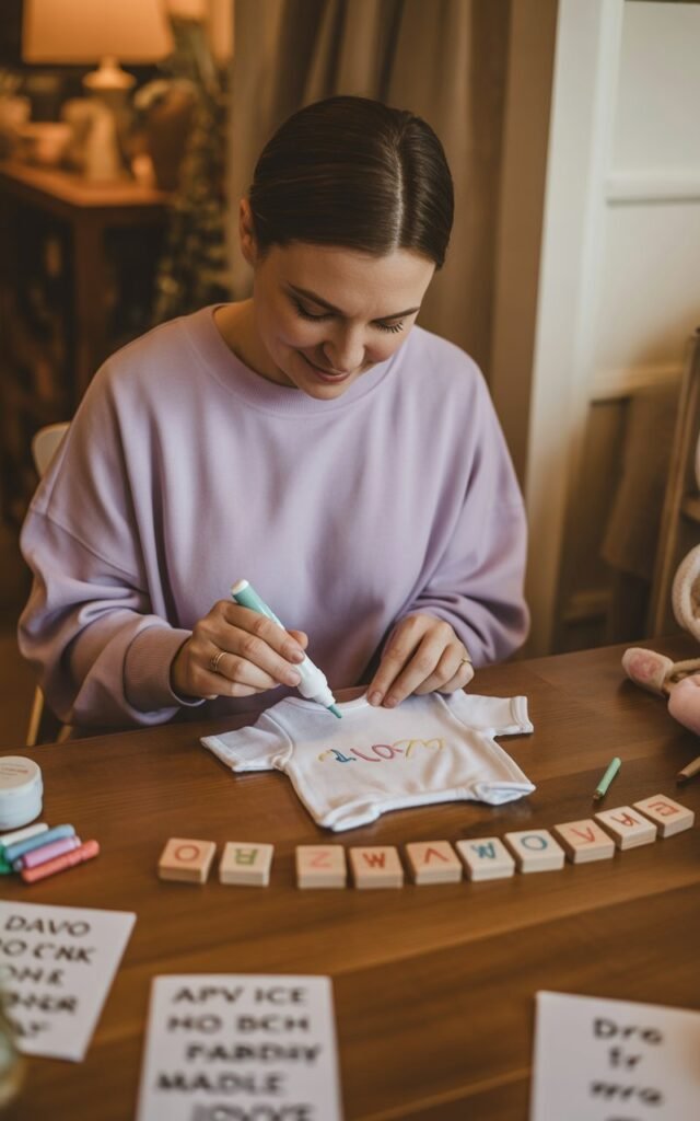 Woman guest decorating white baby onesie with fabric markers at baby shower activity station