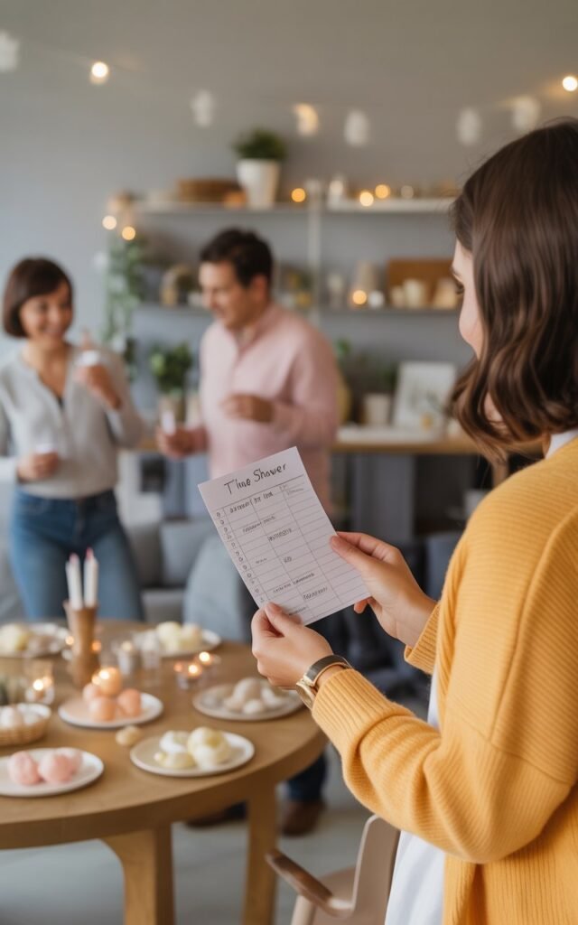 Woman host holding notecard with baby shower timeline schedule