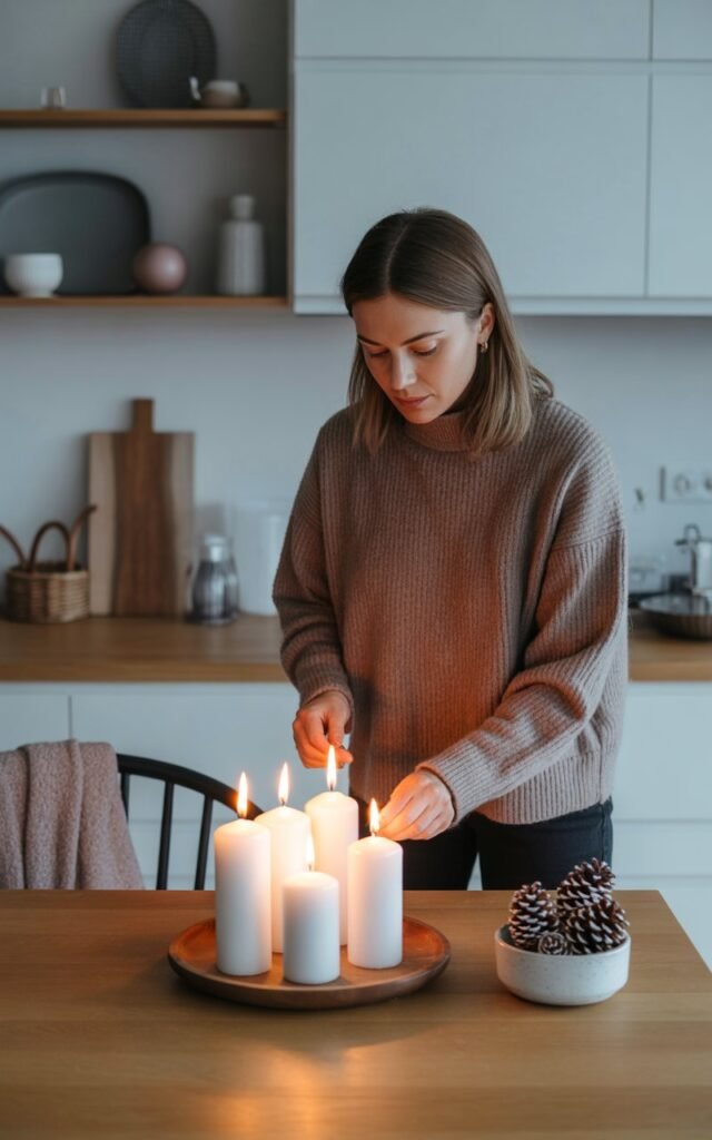 Woman lighting white pillar candles arranged on wooden tray in a Scandinavian kitchen