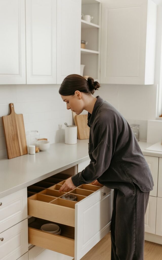 Woman organizing drawer dividers in a Scandinavian kitchen