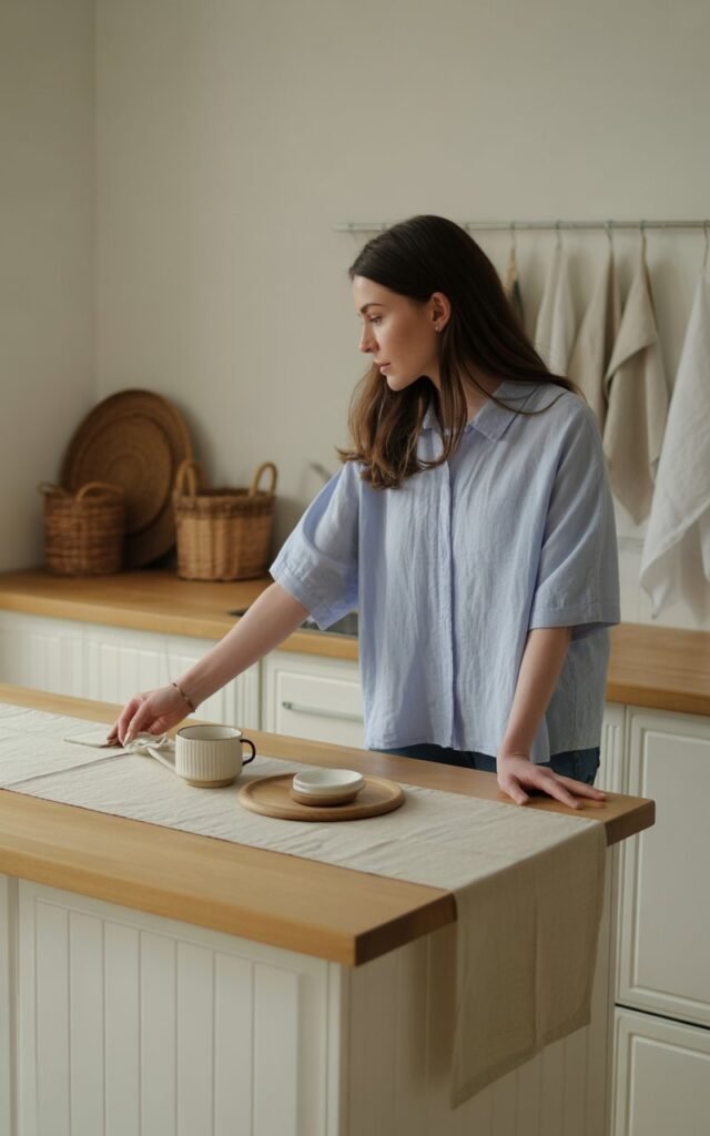 Woman placing a beige linen table runner on kitchen island in a Scandinavian kitchen