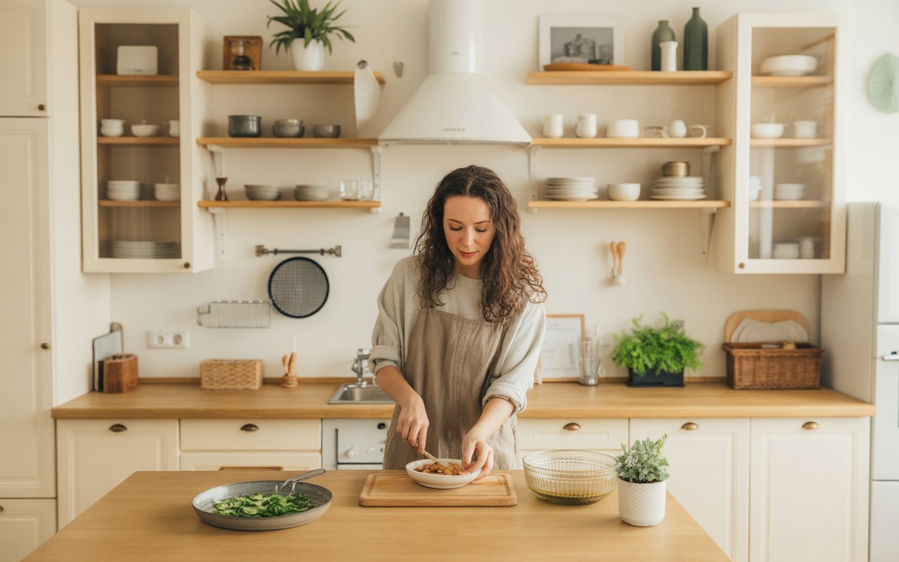 Woman preparing food in a bright Scandinavian kitchen with all-white cabinets
