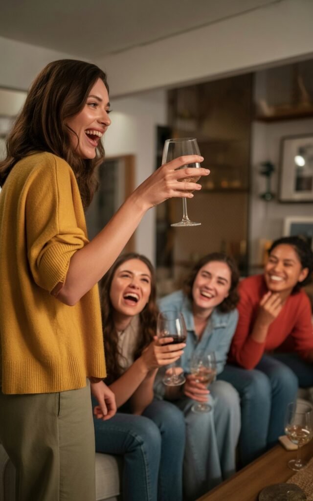 Woman standing and giving a humorous toast speech at an intimate living room party
