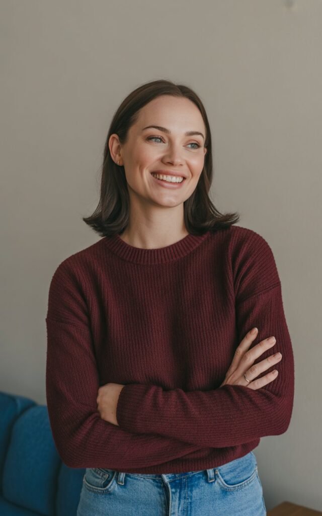 Woman standing tall with confident posture and warm genuine smile
