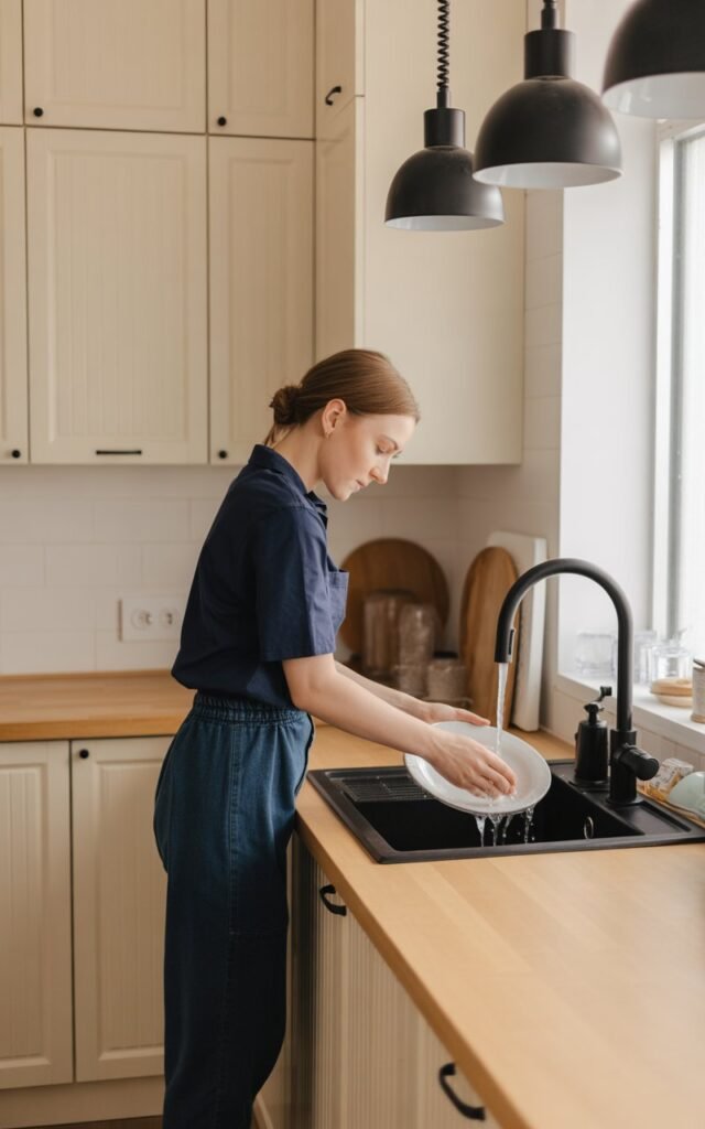 Woman washing dishes at kitchen sink with matte black faucet in a Scandinavian kitchen 