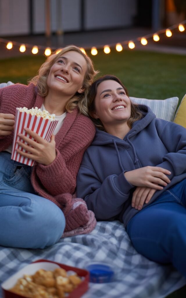 Women friends sitting on blankets and pillows in backyard watching a movie projected on outdoor screen