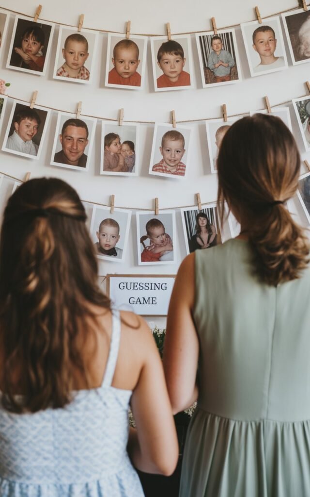 Women guests looking at baby photo display wall with vintage baby pictures hanging on twine with clothespins