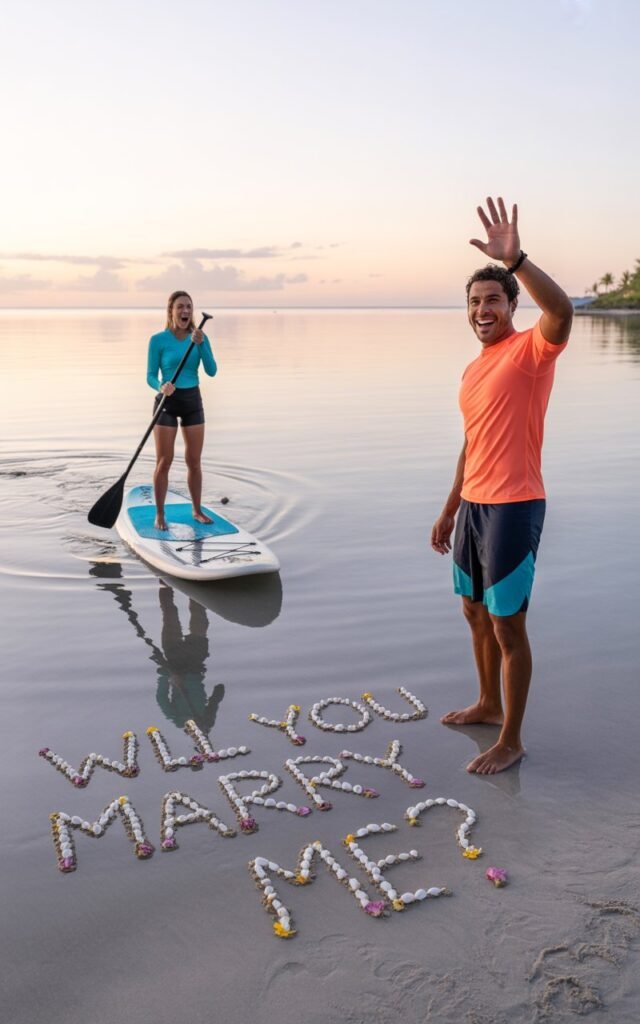 A woman standing on a paddleboard on calm, glassy ocean water at early morning, looking toward the beach with her hand over her mouth in absolute shock and joy as she reads "Will You Marry Me