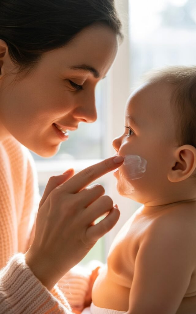applying moisturizer cream to baby with glowing healthy radiant skin during daily skincare routine