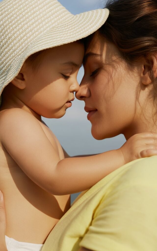 baby wearing wide-brimmed sun hat with glowing healthy radiant skin outdoors with sun protection