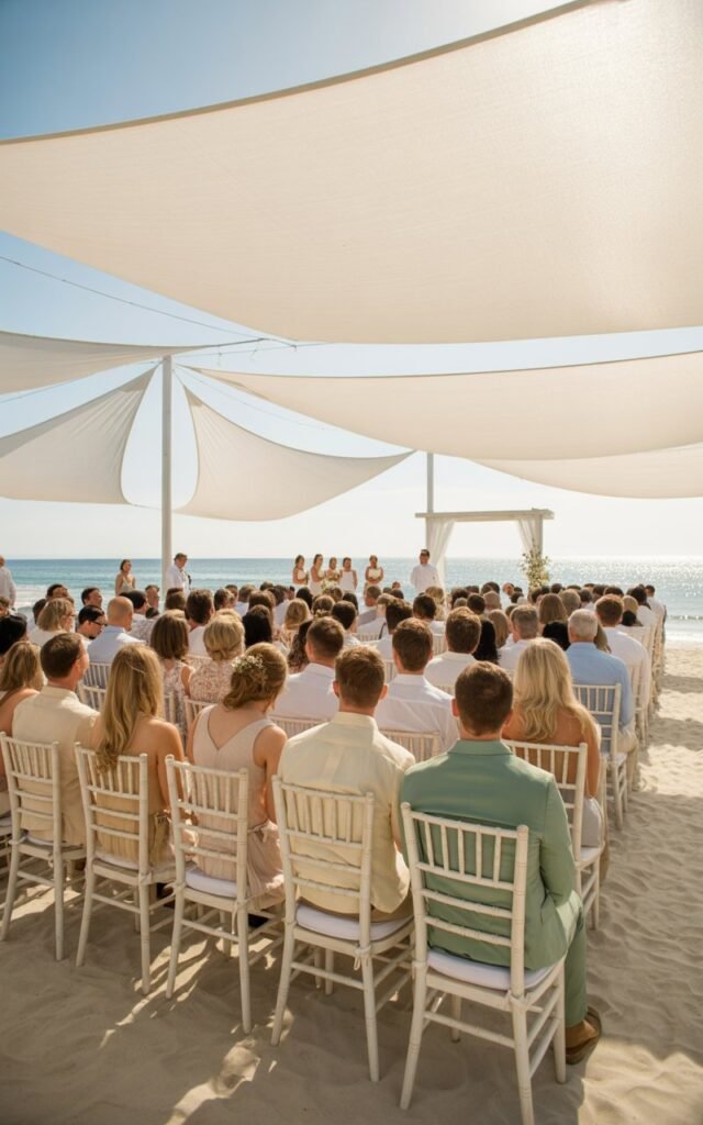 A beach wedding ceremony seating area viewed from behind the guests