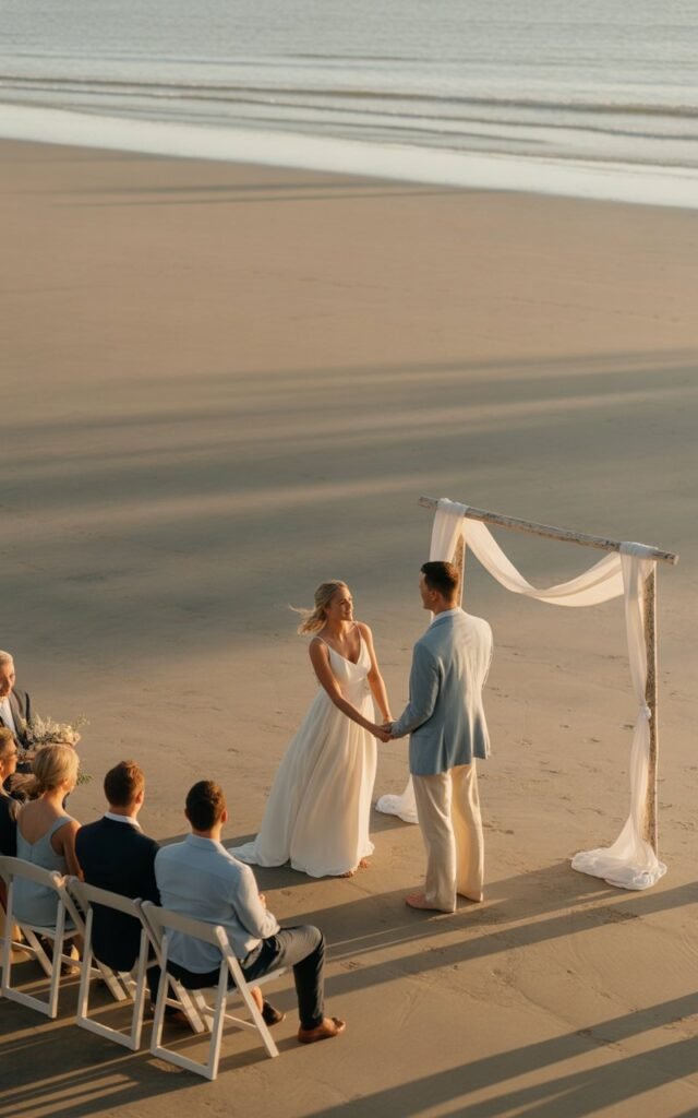A beach wedding ceremony taking place during low tide in the late afternoon