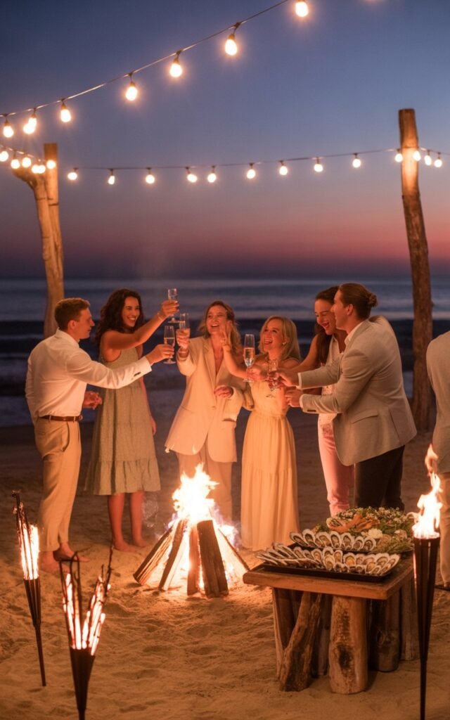 A beach wedding reception at night centered around a large glowing bonfire on the sand