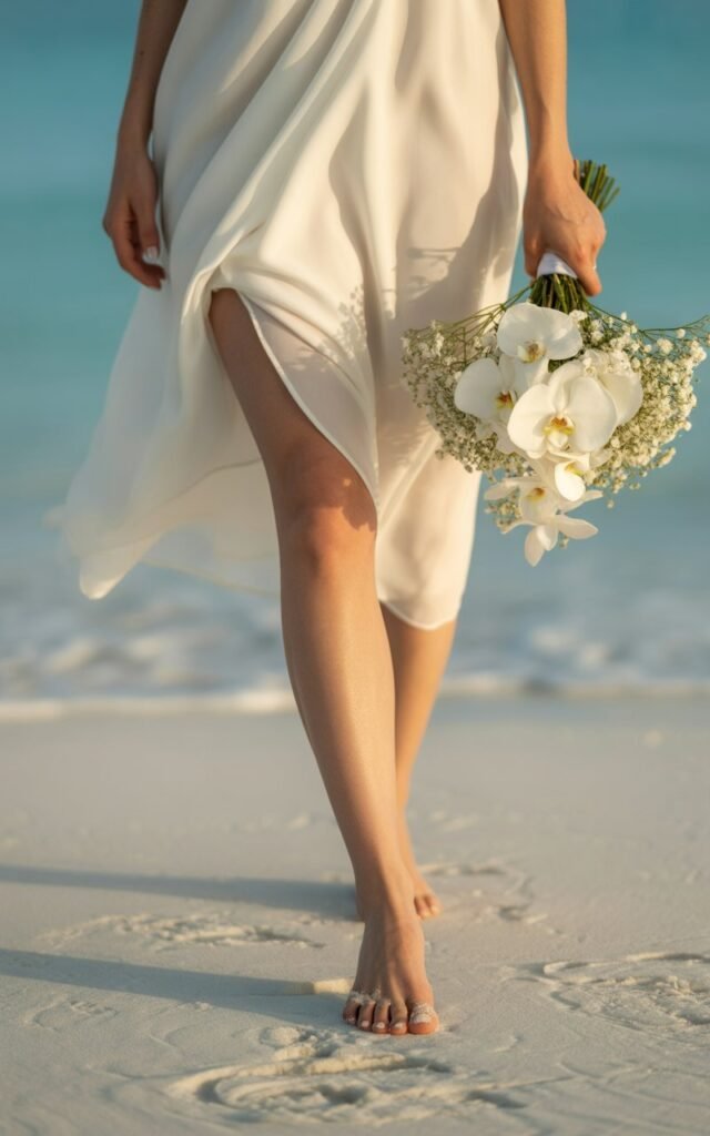 A bride walking barefoot on white sand at a beach wedding, her feet visible in the foreground showing bare toes in the sand
