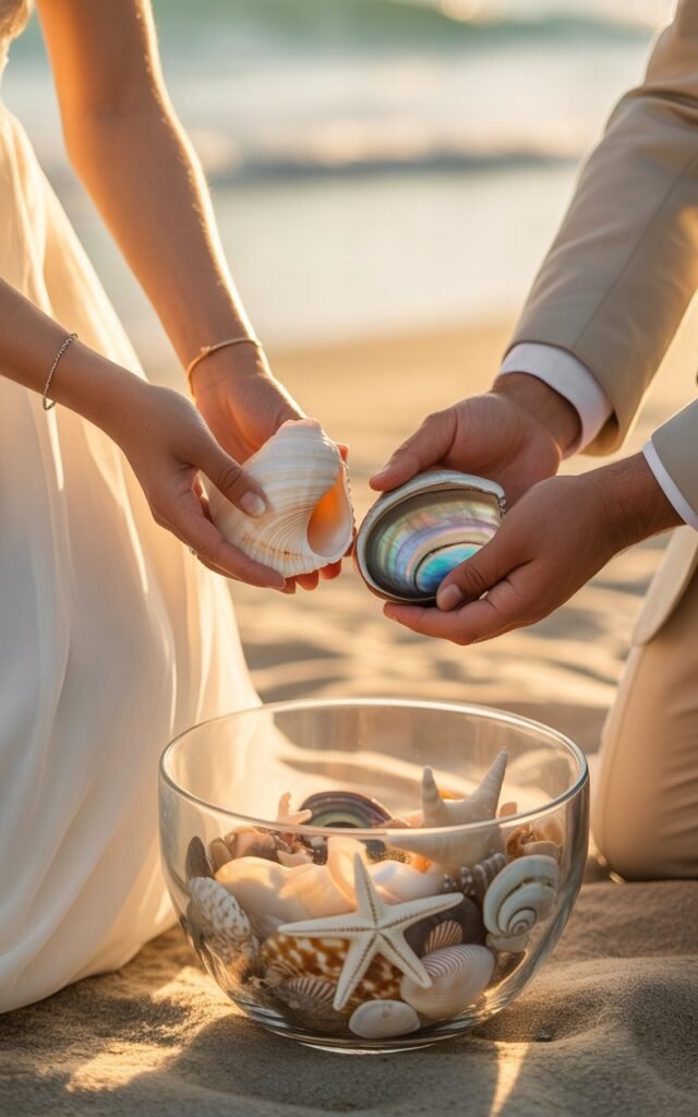 A close-up of a beach wedding unity ceremony moment
