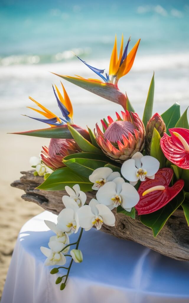 A close-up of a beautiful beach wedding floral centerpiece on a white linen table set on the sand