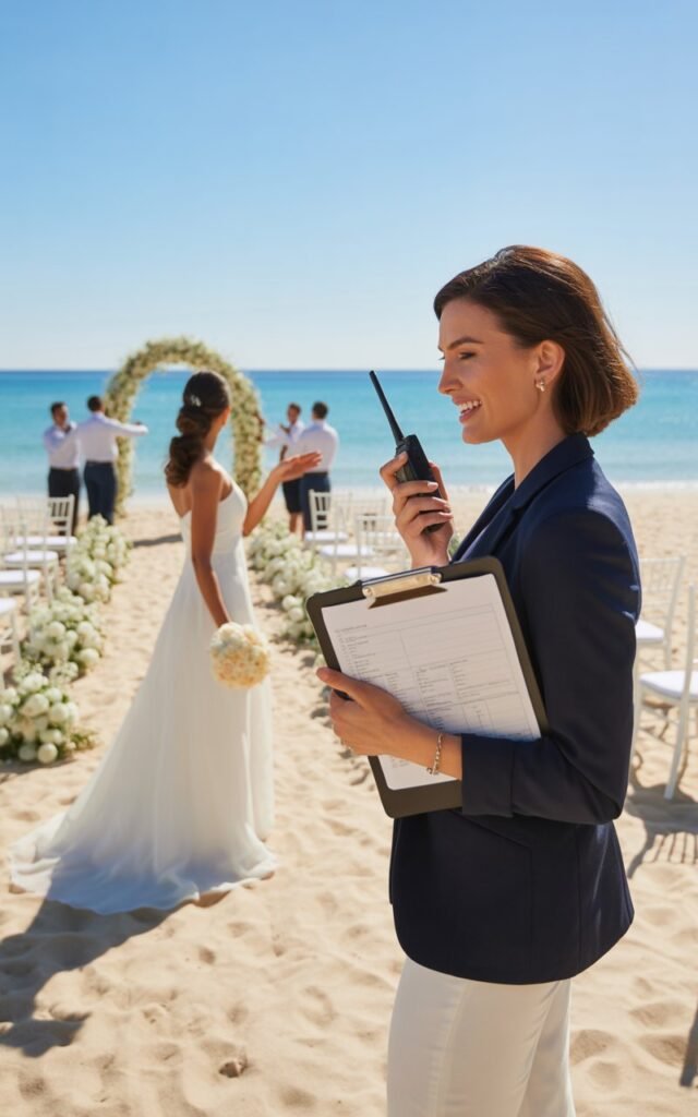 A professional female wedding coordinator standing on a sunny beach holding a clipboard with papers and a walkie talkie