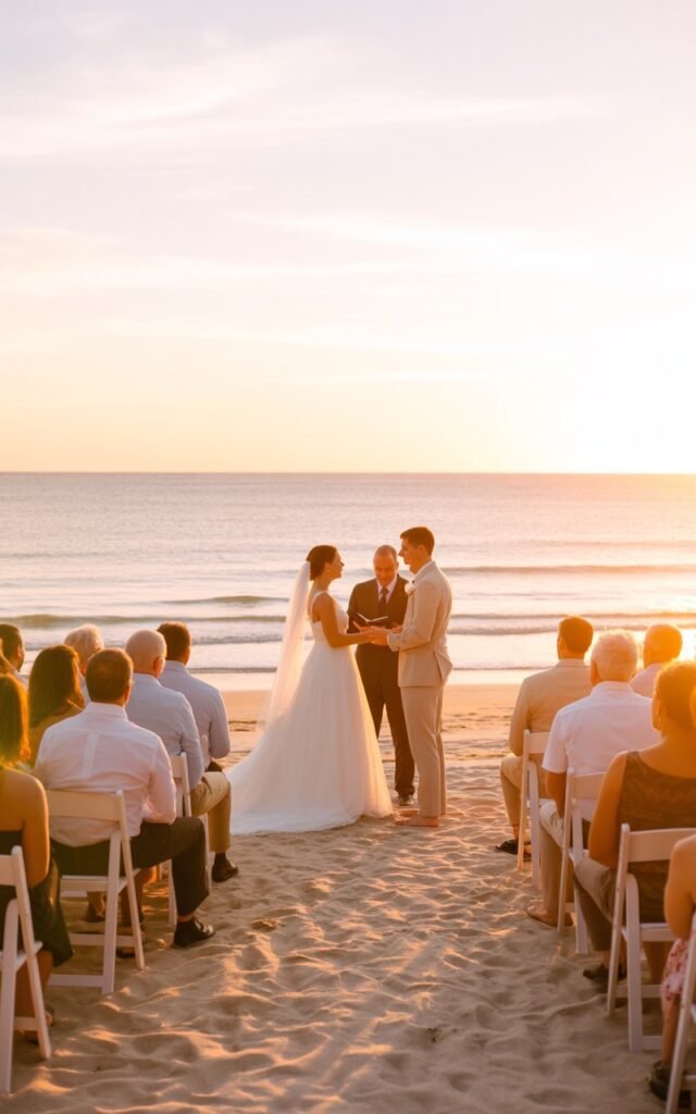 A romantic beach wedding ceremony captured during golden hour with warm, soft sunlight