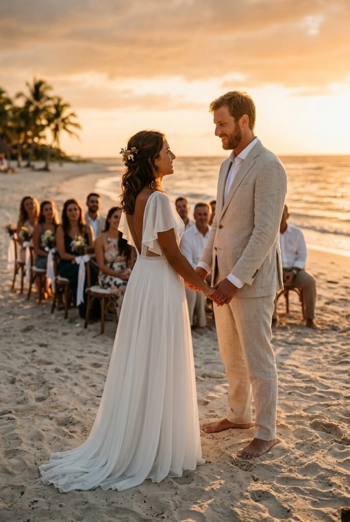 Italian bride and groom exchanging vows barefoot on a sandy beach during golden hour at sunset