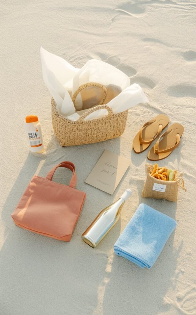 A flat lay overhead shot of a neatly arranged beach wedding welcome bag and its contents spread out on white sand
