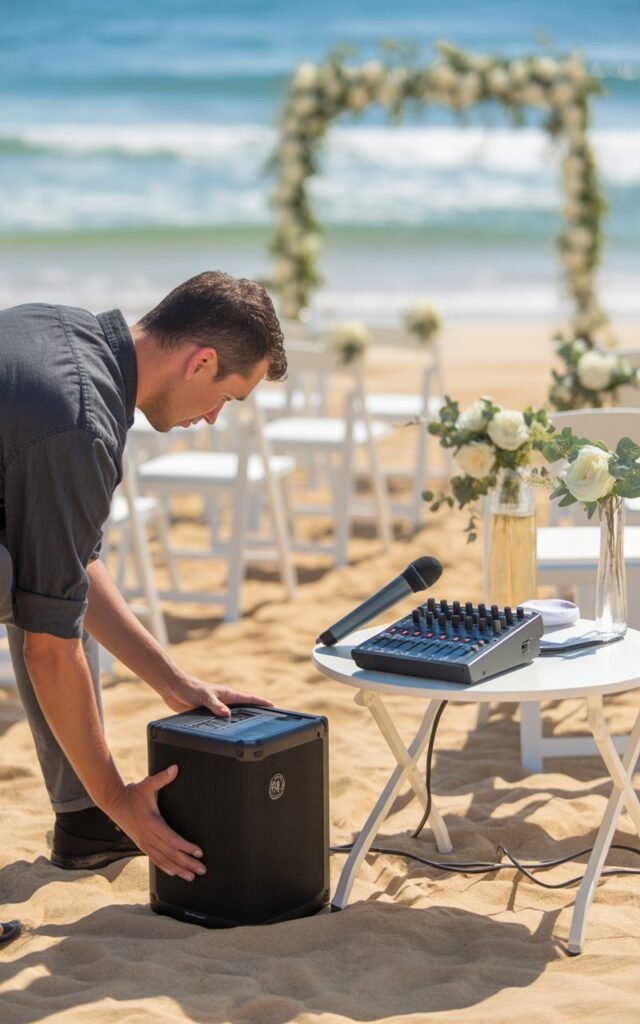 A professional audio technician in a casual dark gray shirt setting up a compact professional speaker on a sandy beach wedding ceremony site