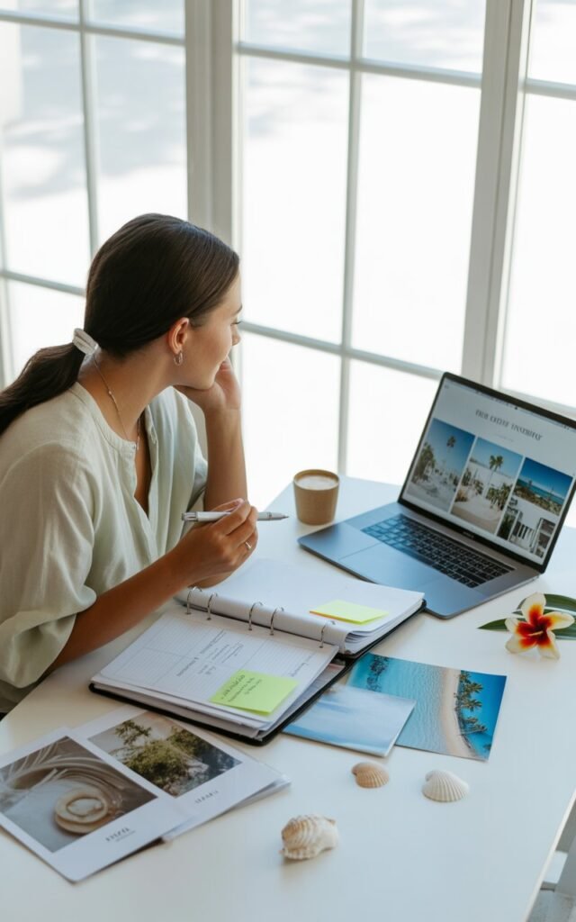 A young woman sitting at a bright white desk by a large window with natural light, wearing a casual light yellow blouse, surrounded by open wedding planning binders, sticky notes, and printed venue photos, holding a pen and looking at an open laptop showing a beach wedding inspiration board