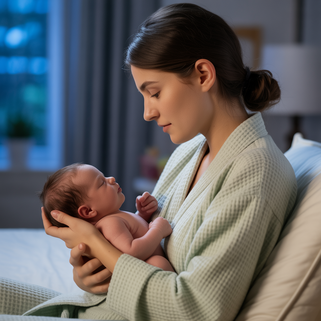 a young mother in side profile, gently holding and cradling a sleeping newborn baby against her chest in a softly lit nursery at night