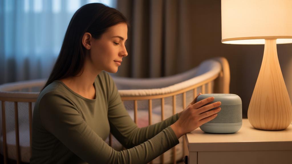 a young woman in side profile, gently placing a small white noise machine on a nightstand next to a baby bassinet in a softly lit nursery