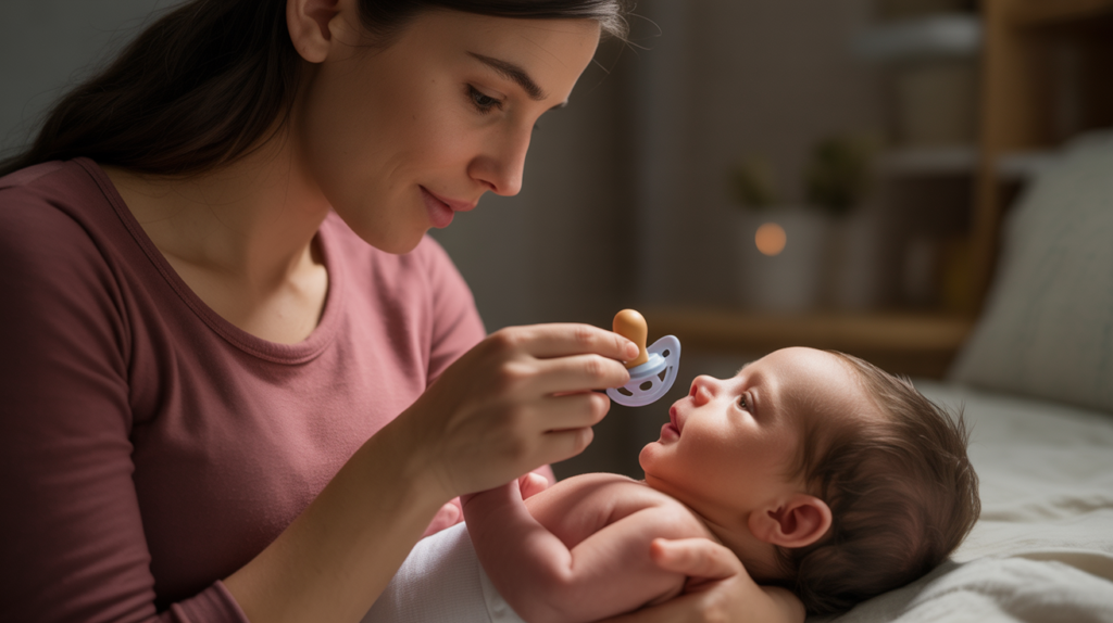 a young woman in side profile, gently offering a pacifier to a newborn baby cradled in her arms