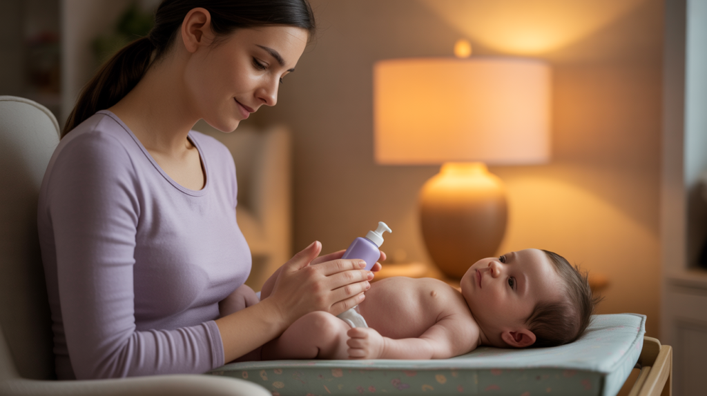 a young woman in side profile, sitting on a cushioned chair in a softly lit nursery