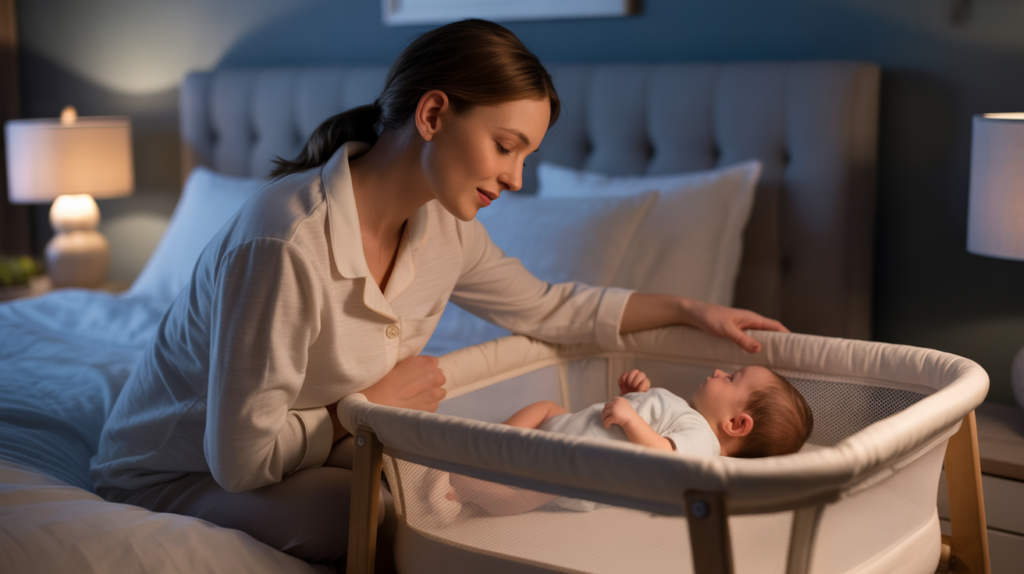 a young woman in side profile, sitting up in bed at night reaching over to gently check on her newborn baby sleeping in a bedside bassinet positioned directly next to the bed, soft warm dim nightlight glow in a dark bedroom