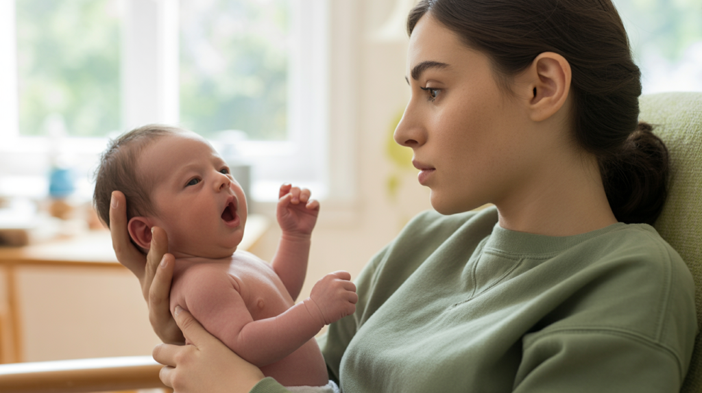 a young woman in side profile, sitting in a nursery chair attentively watching her newborn baby who is showing clear tiredness cues 