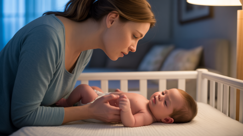 a young woman in side profile, gently lowering a drowsy newborn baby into a white wooden crib