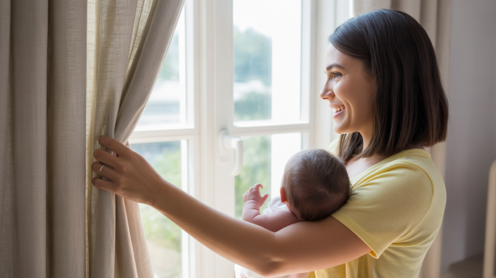 a young woman in side profile, standing by a large window pulling open a light linen curtain to let bright natural morning sunlight flood into a nursery