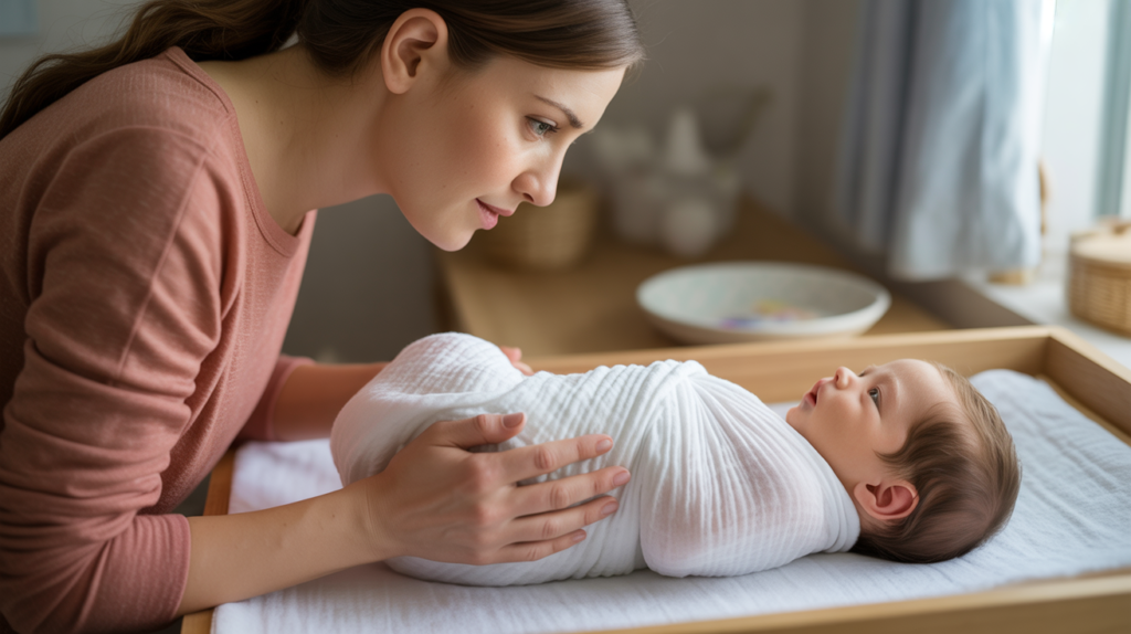 a young woman in side profile, carefully swaddling a newborn baby on a changing table
