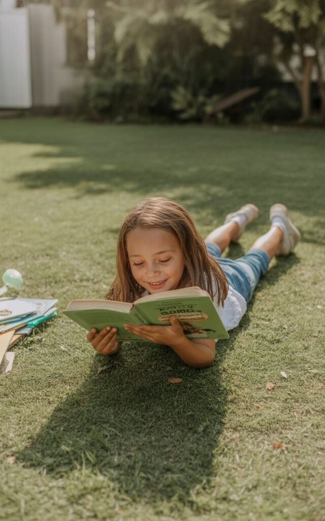 A child around 9 years old lying on a grassy backyard lawn on a sunny afternoon, reading a book with a relaxed and happy expression