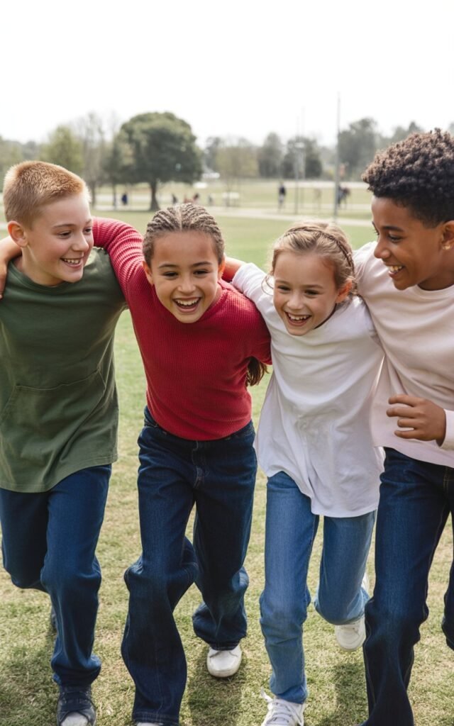 A group of four children between 8 and 11 years old playing together outdoors in a park on a bright afternoon — laughing, running, and interacting naturally