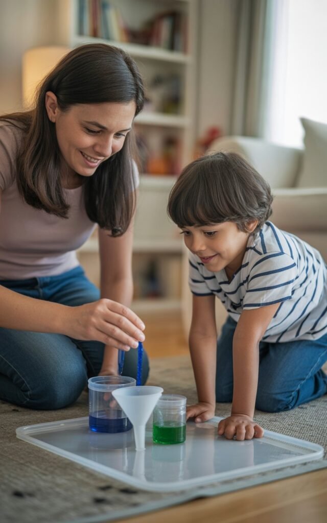 A mother kneeling beside her 7-year-old child on a living room floor, both engaged in a hands-on science experiment with simple household materials