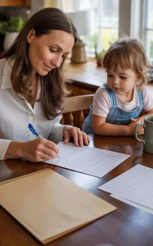 A mother sitting at a wooden kitchen table, writing a formal letter by hand, with a pen in her right hand