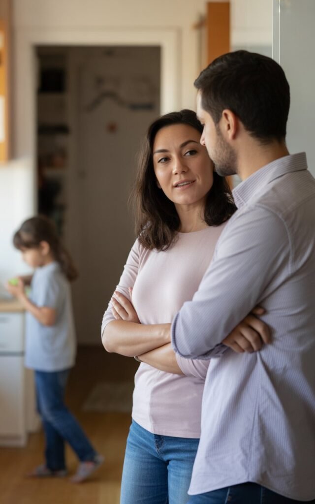 A woman in her late 30s and a man in his early 40s standing together in a home kitchen or hallway, speaking quietly and calmly to each other — a private, low-key adult conversation