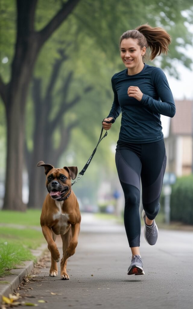 A young woman jogging along a tree-lined suburban sidewalk with a fawn-colored Boxer running energetically beside her on a leash