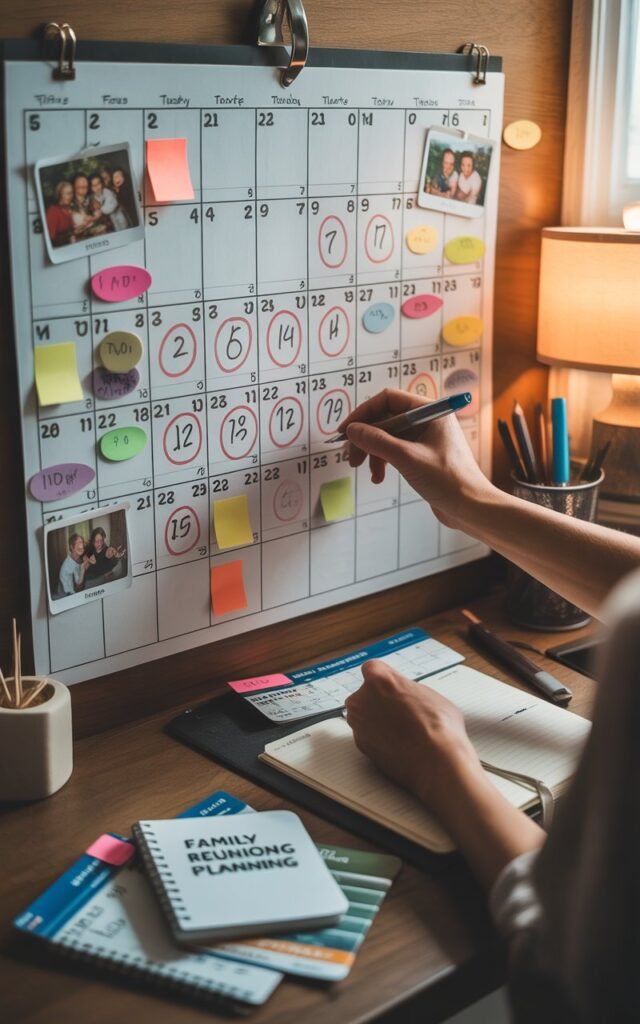 A realistic photograph of a large wall calendar showing multiple months spread out on a wooden desk, with colorful sticky notes and red circle markings indicating important family reunion planning dates