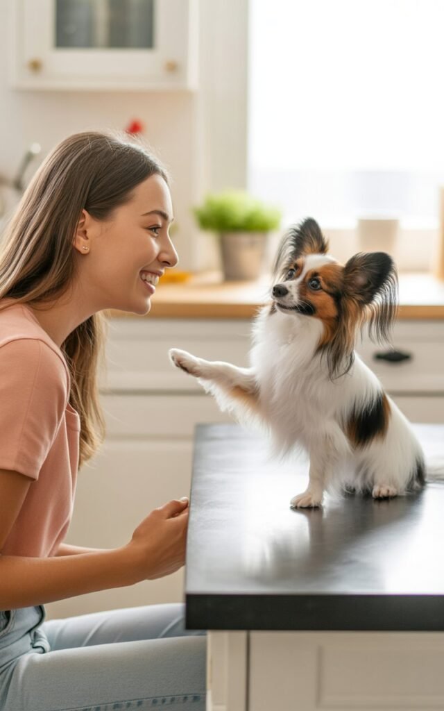 a young woman sitting at a sunlit kitchen table with a tiny Papillon perched attentively on the table surface in front of her,