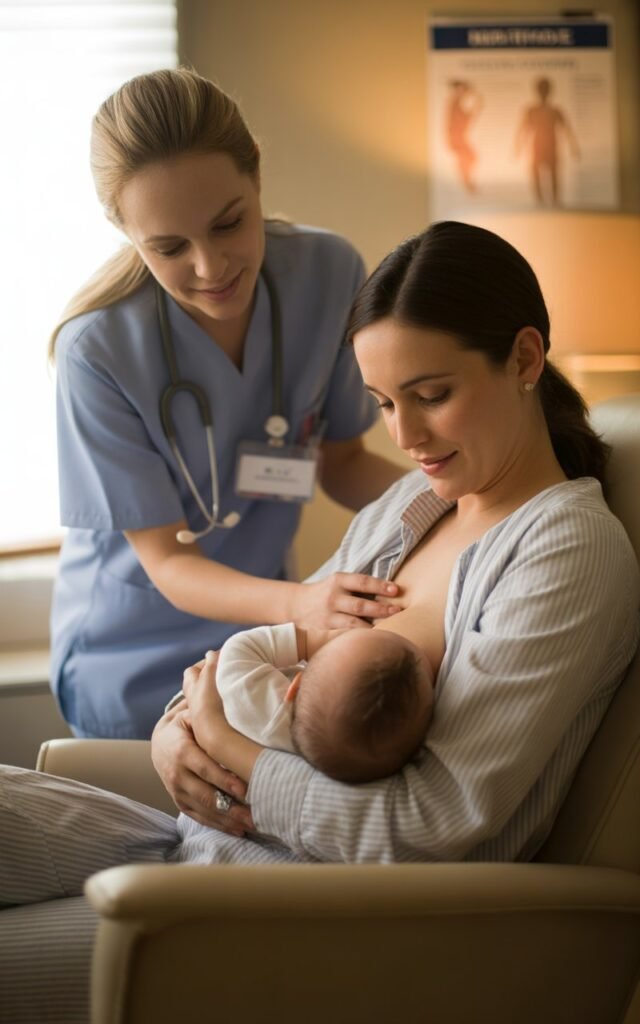 a certified lactation consultant gently guiding a new mother during a breastfeeding session