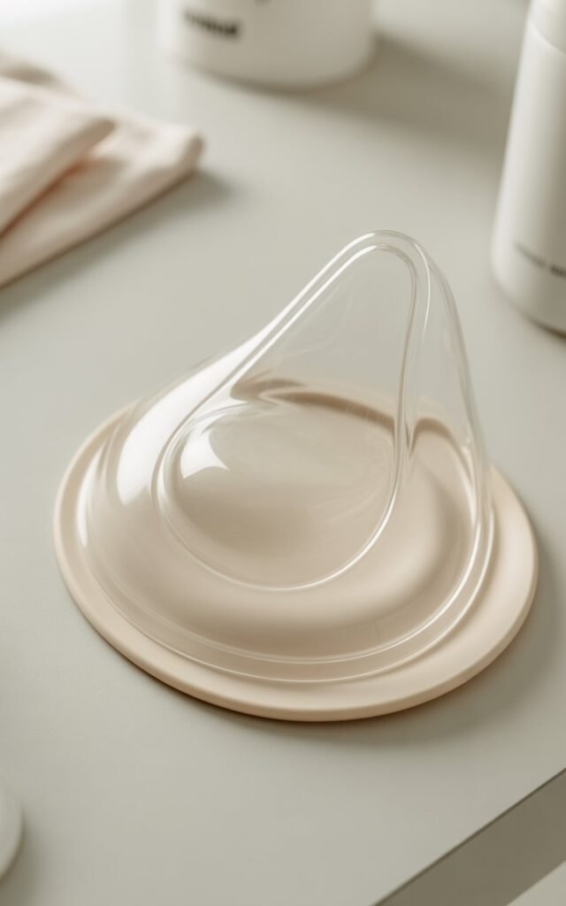 a clear silicone nipple shield resting on a clean white surface
