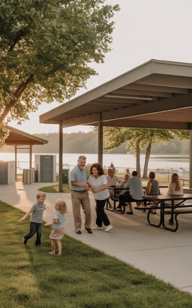 a diverse family gathering at a scenic lakeside pavilion during golden hour