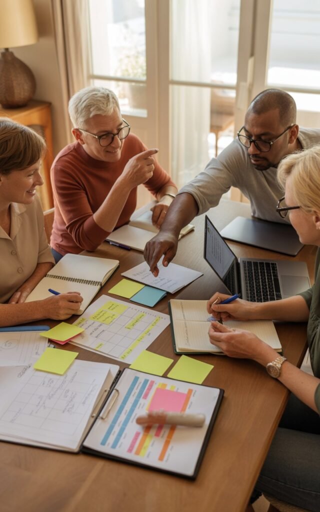 a diverse family planning committee gathered around a wooden dining table