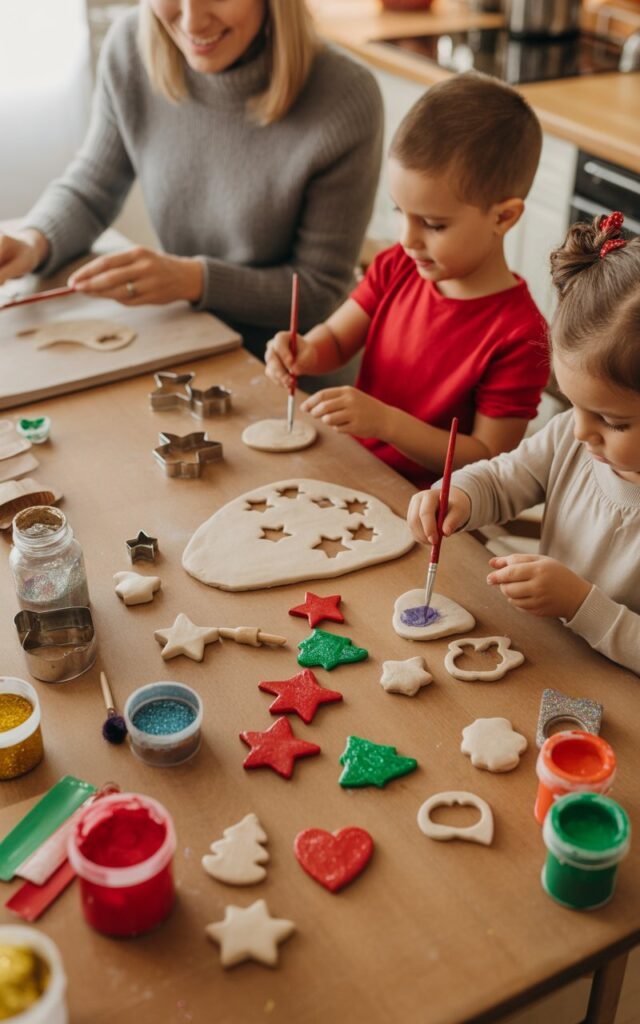 a family kitchen scene where parents and children are making salt dough ornaments together 